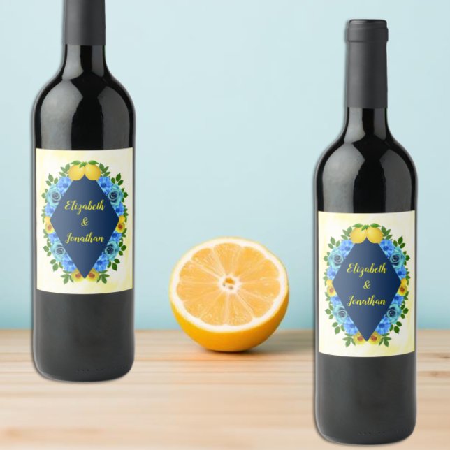 Sunny Lemon Blommigt Bröllop Vinflaska Etikett (Skapare uppladdad)