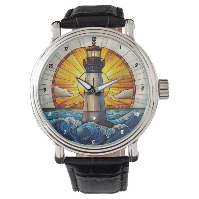 Sunny Lighthouse Waves Stained Glass Armbandsur (Framsida)