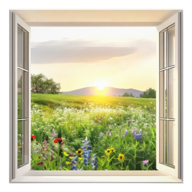Sunny Meadow Window View Fototryck (Framsidan)
