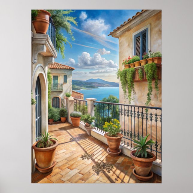 Sunny Mediterranean Balcony Sea View Art Poster (Framsidan)