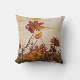 Sunny Orange Cosmos Flowers Impressionist Stil Kudde