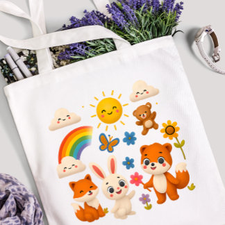 Sunny Rainbow Animal Friends Tote Bag Tygkasse