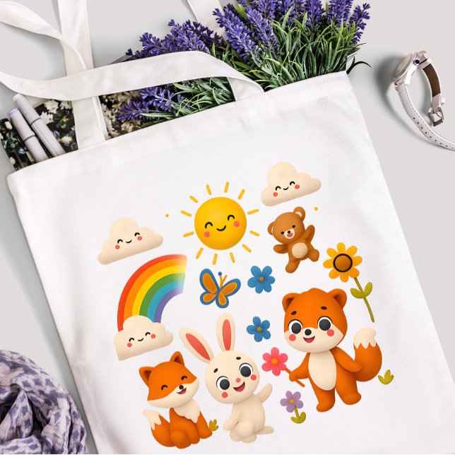 Sunny Rainbow Animal Friends Tote Bag Tygkasse (Skapare uppladdad)