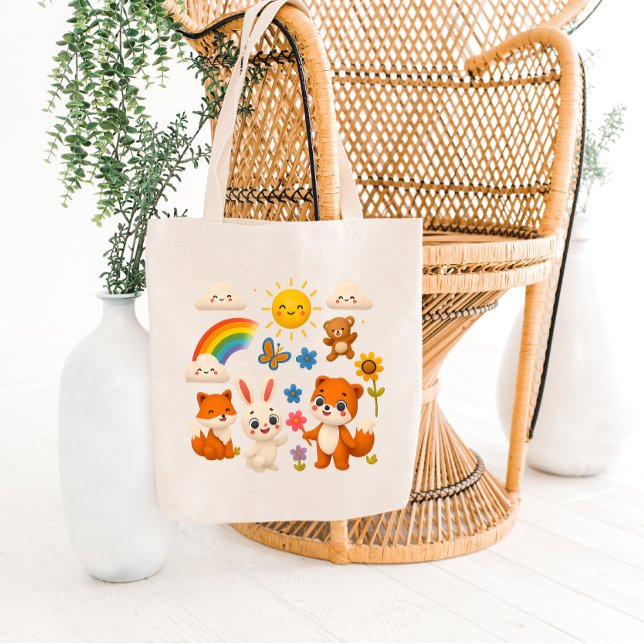 Sunny Rainbow Animal Friends Tote Bag Tygkasse (Skapare uppladdad)