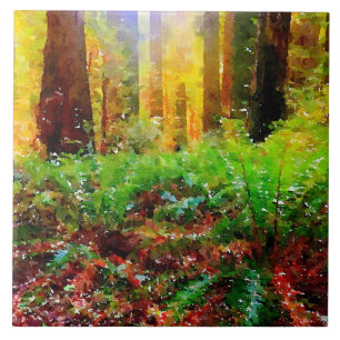 Sunny Redwood med Ferns Watercolor Tile Trivet Kakelplatta
