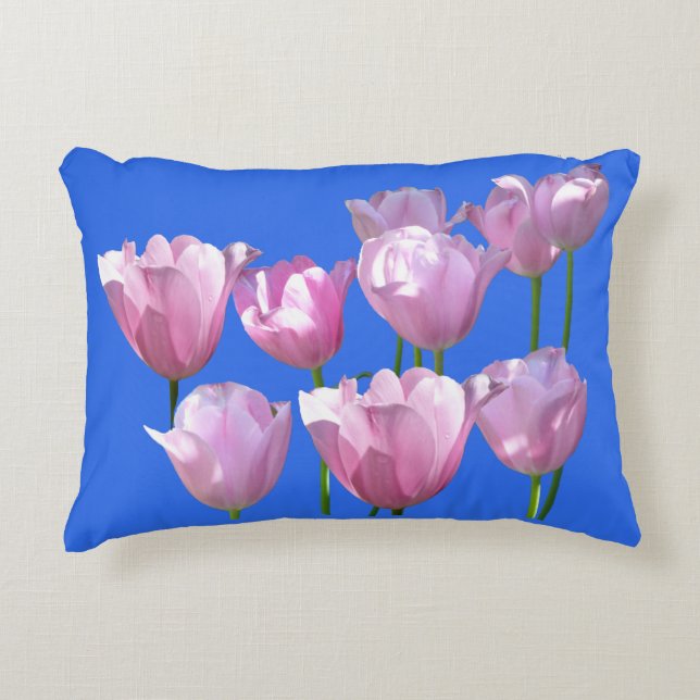 Sunny Rosa Tulips på Cust. Bakgrund Färg Pillow Prydnadskudde (Framsidan)