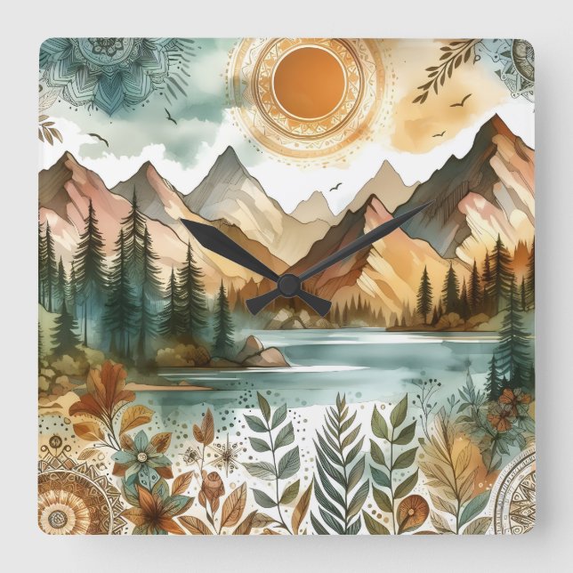 Sunny Rustic Boho Nature Mönster Mountain Sjö Fyrkantig Klocka (Framsida)