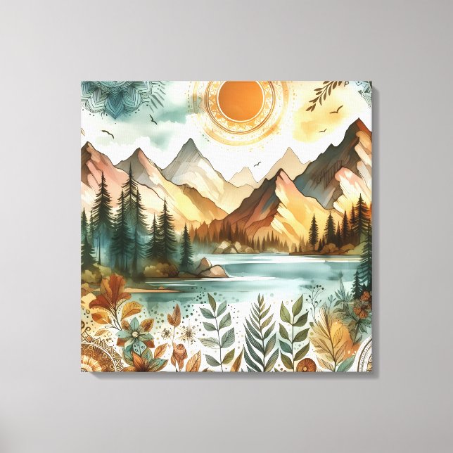 Sunny Rustic Boho Nature Pattern Mountain Lake Canvastryck (Framsida)