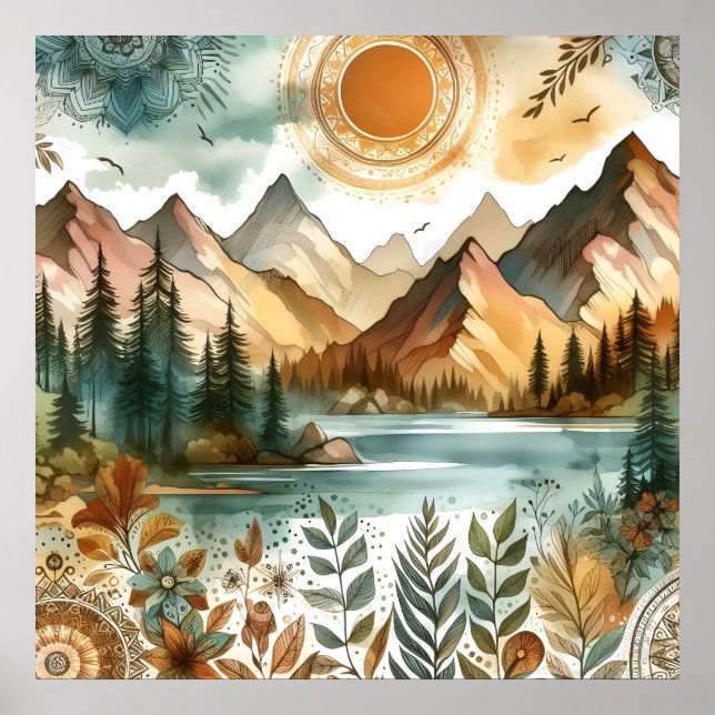 Sunny Rustic Boho Nature Pattern Mountain Lake Poster (Framsidan)