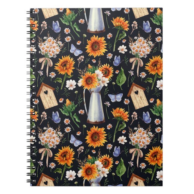 Sunny Rustic Watercolor Sunblommor Mönster Anteckningsbok (Framsidan)