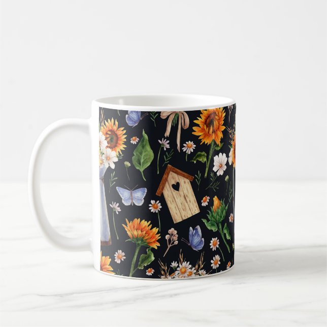 Sunny Rustic Watercolor Sunblommor Mönster Kaffemugg (Vänster)