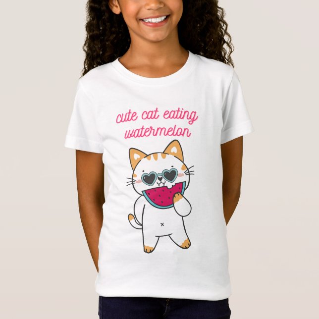 Sunny Slice Delight: Cute Cat with Watermelon T Shirt (Framsida)