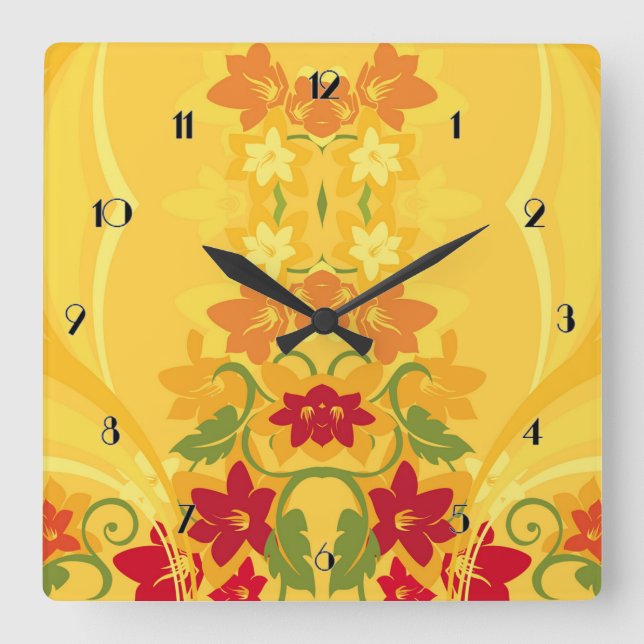 Sunny Summer Gult Blommigt Wall Clock Fyrkantig Klocka (Framsida)