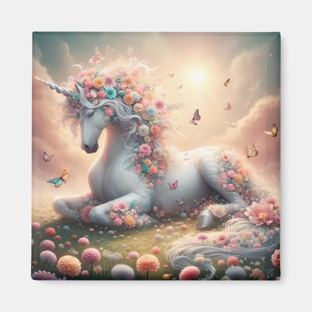 Sunny Vår blommor Unicorn Magnet (Framsidan)