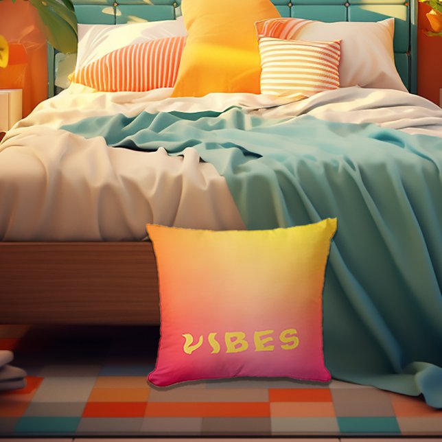 Sunny 'Vibes' Rosa Orange och Gult Ombre Kudde (Vibrant 'VIBES' Ombre Pink Orange and Yellow Decorative Pillow
)