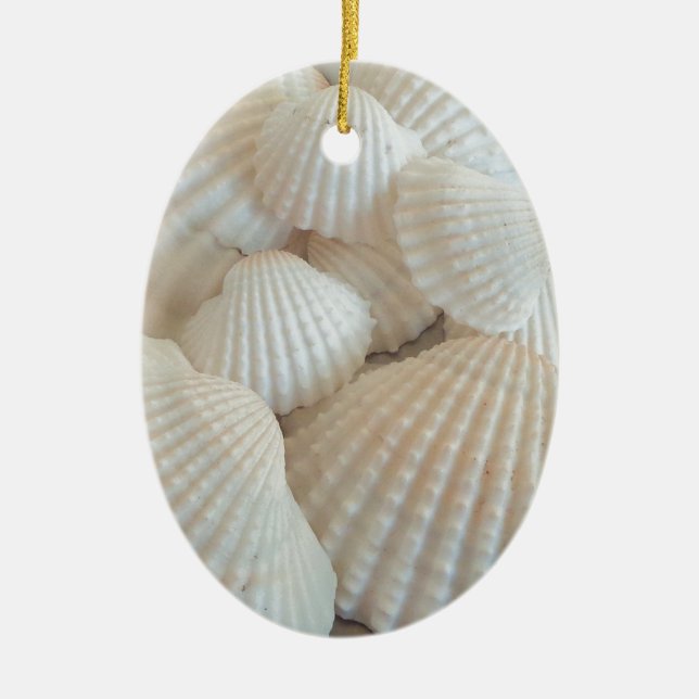 Sunny White Seashells, Summer Beach Exotic Julgransprydnad Keramik (Framsidan)
