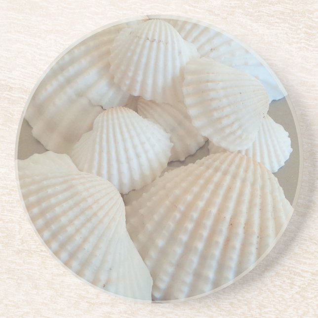 Sunny White Seashells, Summer Beach Exotic Underlägg Sandsten (Framsidan)