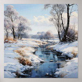 Sunny Winter Fält och Stream Outdoor Scenia Poster