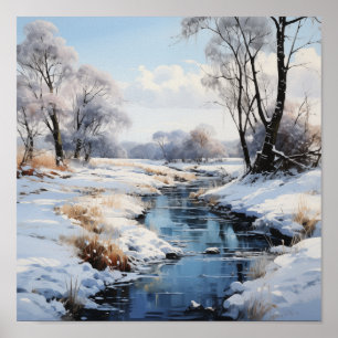 Sunny Winter Fält och Stream Outdoor Scenia Poster