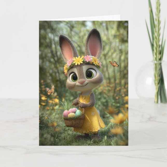 Sunny Yellow Dress Bunny with Easter Basket Card Kort (Framsida)