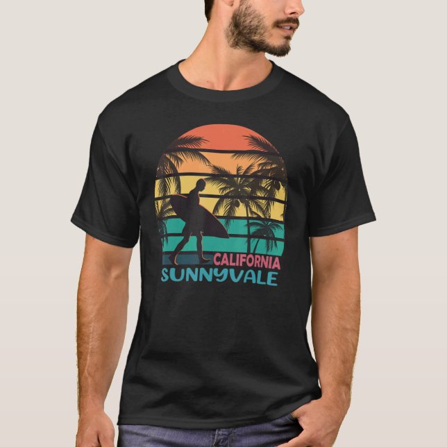 Sunnyvale California CA Palm Tree Surfboard Surfer T Shirt (Framsida)