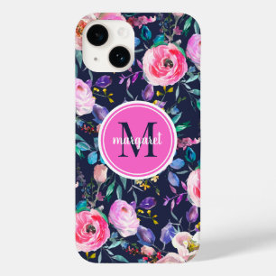 Sunrise Boho Blommigt Rosa and Navy Monogram