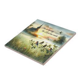 Sunrise Church with Birds in Misty Meadow Kakelplatta