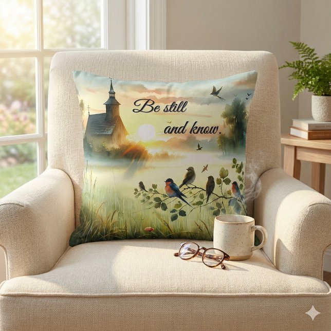 Sunrise Church with Birds in Misty Meadow Kudde (Sunrise Church with Birds in Misty Meadow Throw Pillow Mockup A)