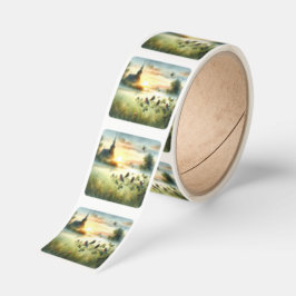 Sunrise Church with Birds in Misty Meadow No Verse Fyrkantigt Klistermärke