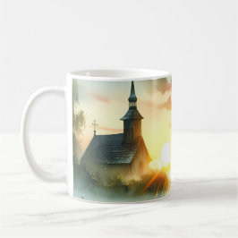 Sunrise Church with Birds in Misty Meadow No Verse Kaffemugg