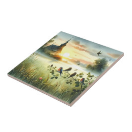 Sunrise Church with Birds in Misty Meadow No Verse Kakelplatta