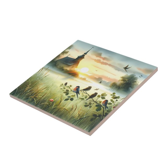 Sunrise Church with Birds in Misty Meadow No Verse Kakelplatta (Sidan)