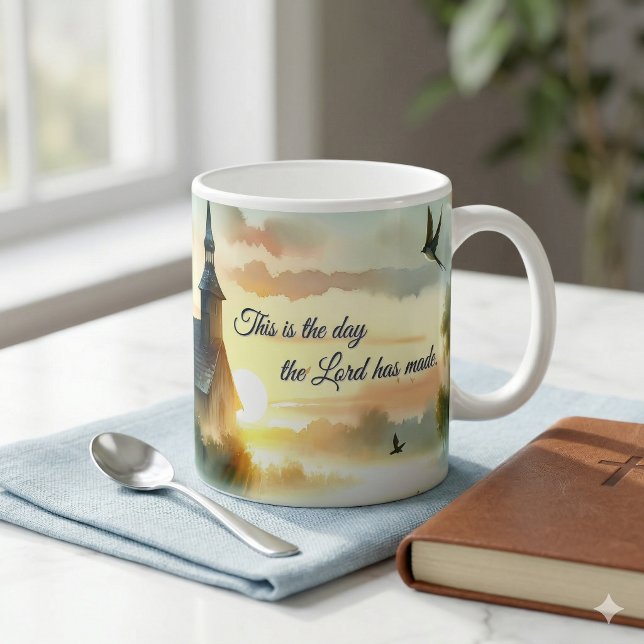 Sunrise Church with Birds in Misty Meadow Text Kaffemugg (Sunrise Church with Birds in Misty Meadow Text Coffee Mug On Kitchen Island)