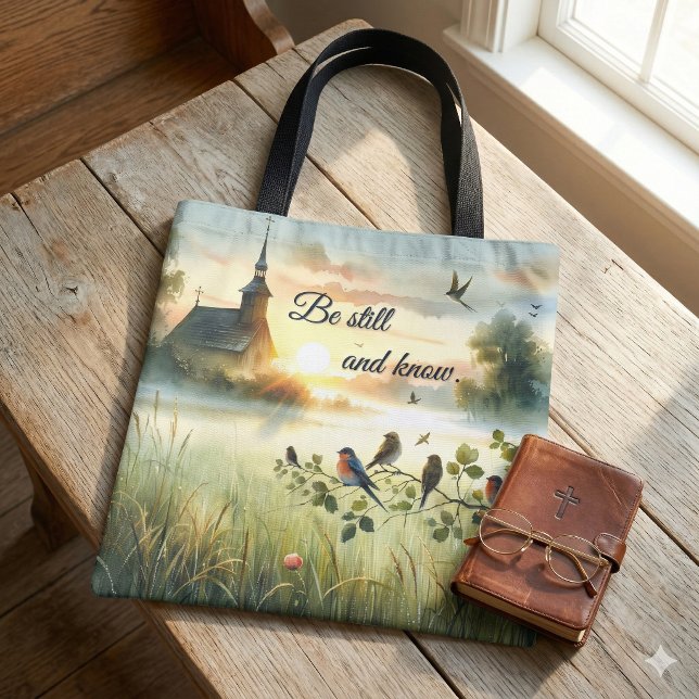 Sunrise Church with Birds in Misty Meadow Tygkasse (Sunrise Church with Birds in Misty Meadow Tote Bag On Wood Table)