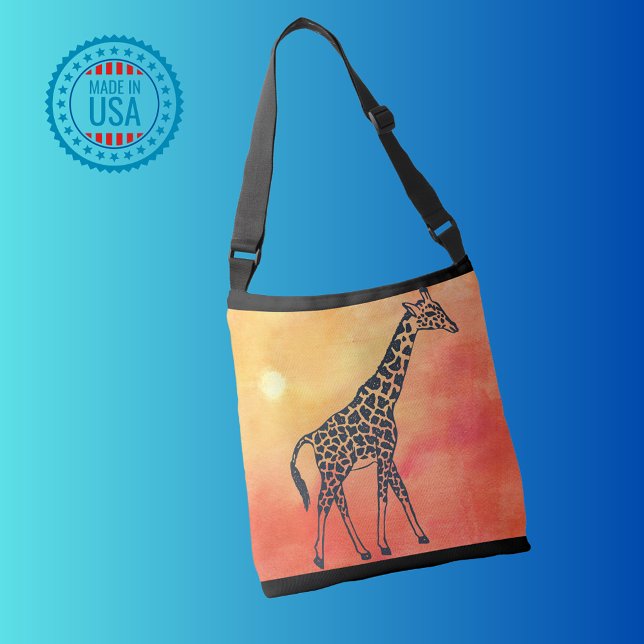 Sunrise Giraffe Axelväska (Crossbody Tote features adjustable strap & three interior pockets; one zipped, two unzipped)
