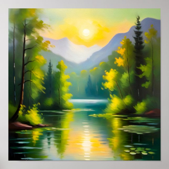 Sunrise over snow covered mountains and lake poster (Framsidan)