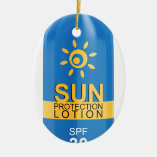 Sunscreenlotion på vit julgransprydnad keramik