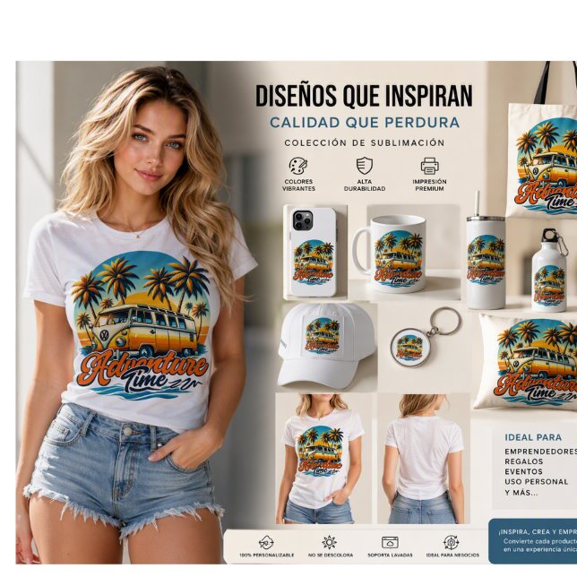 “Sunset Adventure Van” T Shirt (Adventure Time T-Shirt + Complete Sublimation Collection
Model: Carmen - Size M - 100% Cotton
Durabl)