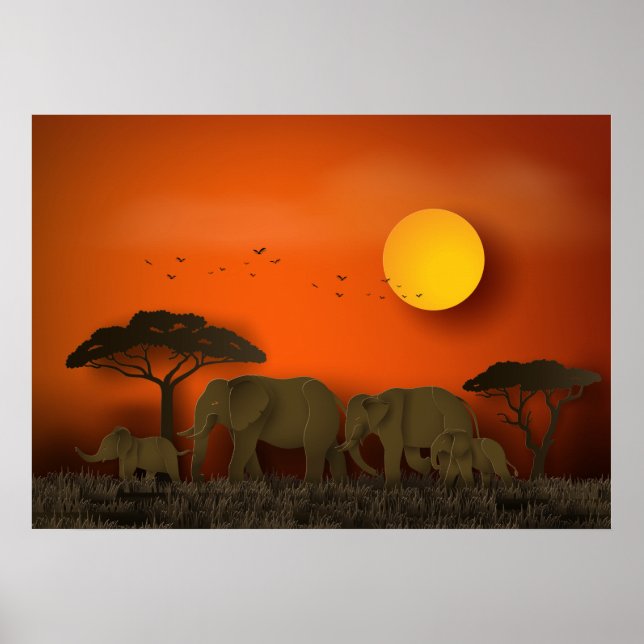 Sunset African savanna Elephants Poster (Framsidan)