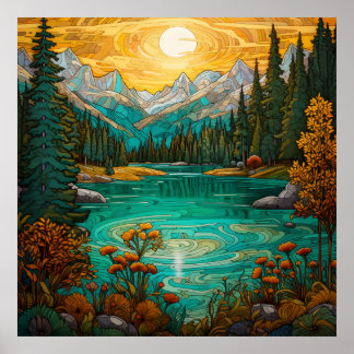 Sunset Alpine Sjö Beauty with Forest Mountain Poster