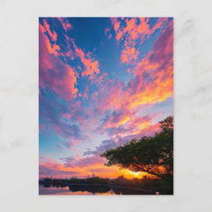 Sunset and Vibrant Clouds Dancing över Stream Vykort