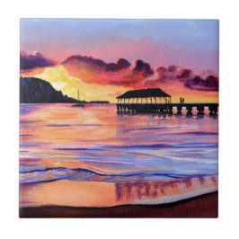 Sunset at Hanalei Pier Ceramic Tile Kakelplatta