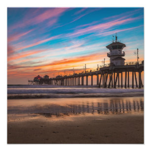 Sunset av Huntington Beach Pier i Kalifornien Fototryck