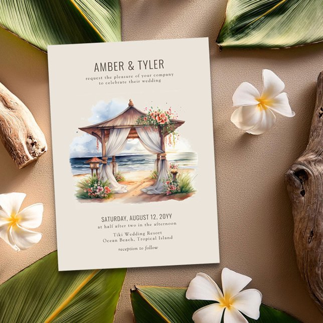 Sunset Beach Blommigt Pagoda Summer Bröllop Inbjudningar (Beach Wedding Invitation from the Sunset Beach wedding collection by Darling & May)
