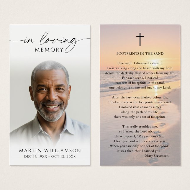 Sunset Beach Footprints Poem Sympathy Prayer Card Visitkort (Framsida & baksida)