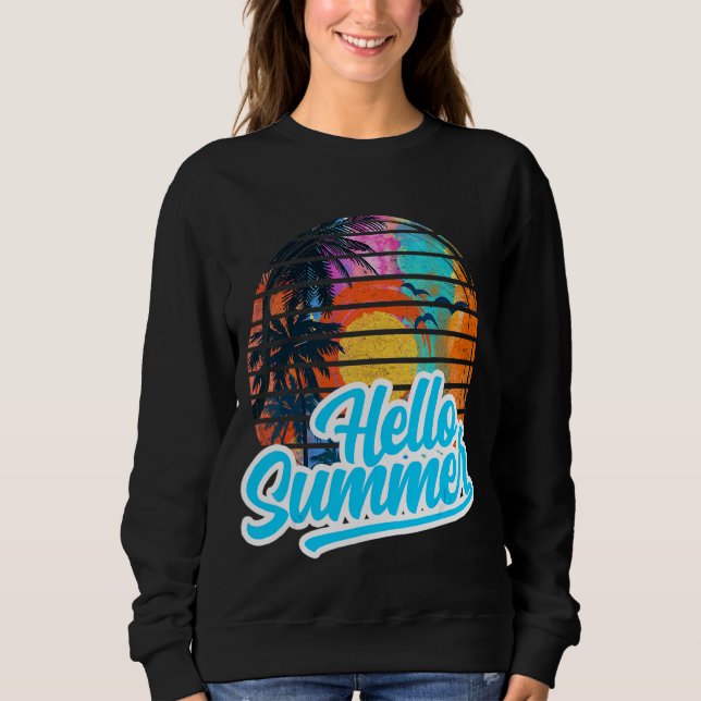 Sunset Beach Handflatan Träd Hej Summer Vacation H T Shirt (Framsida)