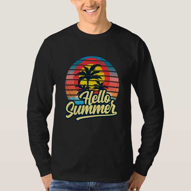 Sunset Beach Handflatan Träd Hej Summer Vacation H T Shirt (Framsida)