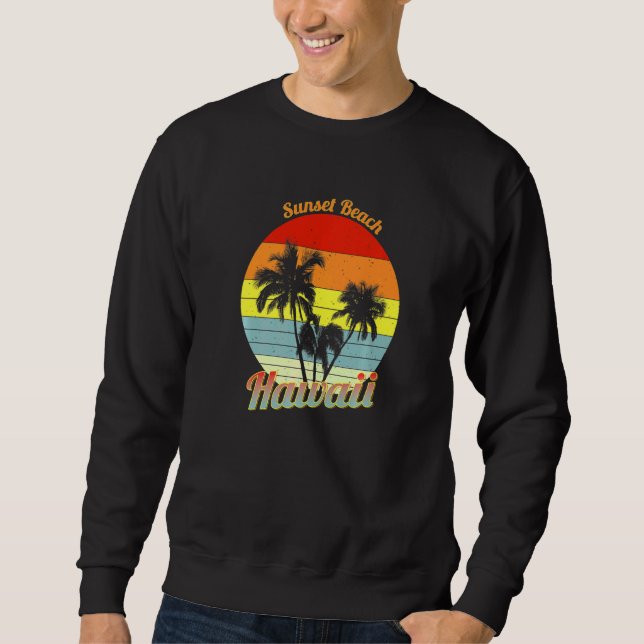 Sunset Beach Hawaii Retro Tropical Handflatan Träd Lång Ärmad Tröja (Framsida)