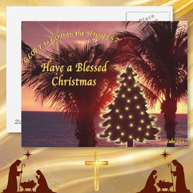 Sunset Beach-julkort Christian Helg Vykort (Religious Christmas postcards. Cheap Christian Christmas postcards. Glory to God in the Highest.)
