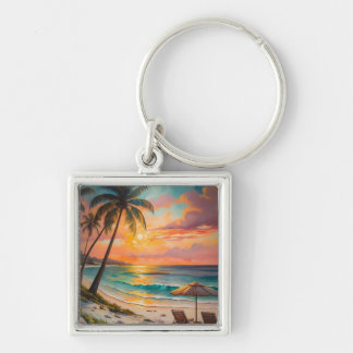 Sunset Beach Keychain Fyrkantig Silverfärgad Nyckelring